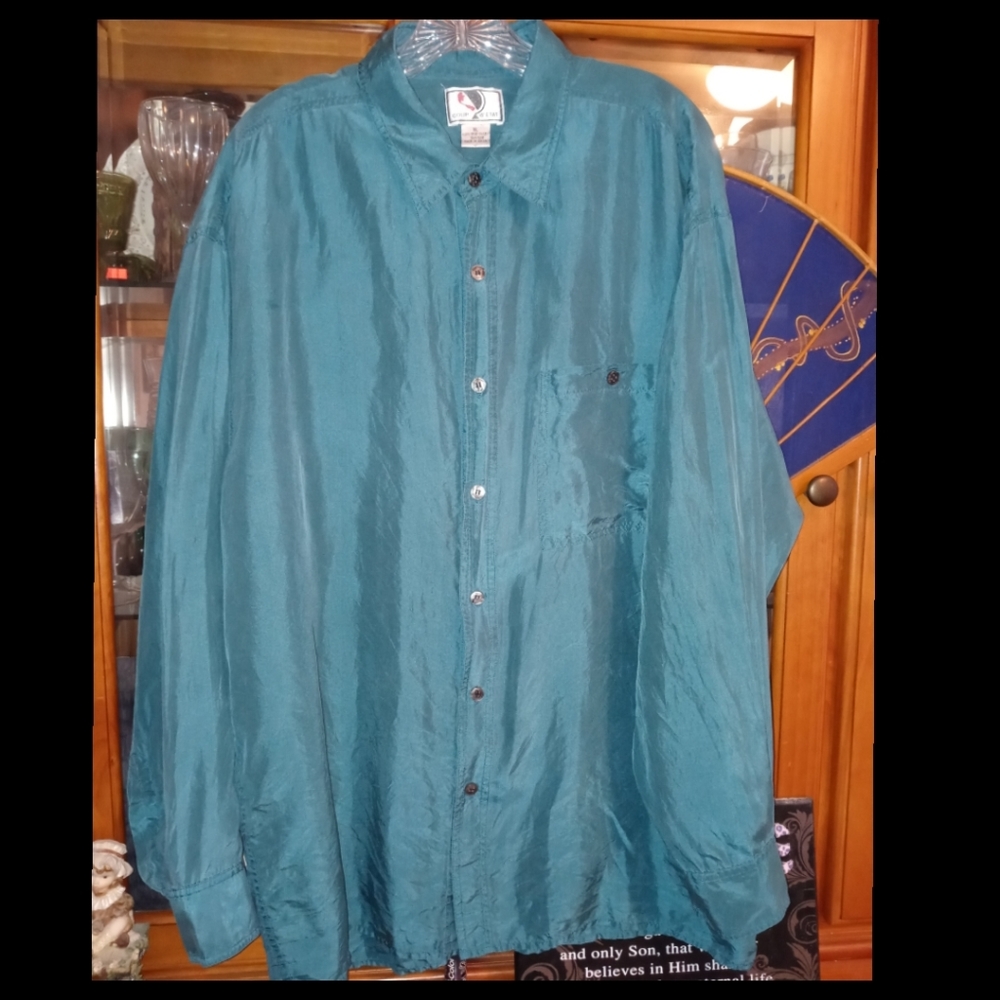 VINTAGE Ever Green 100% Silk Long Sleeve Dress Shirt Size XL•